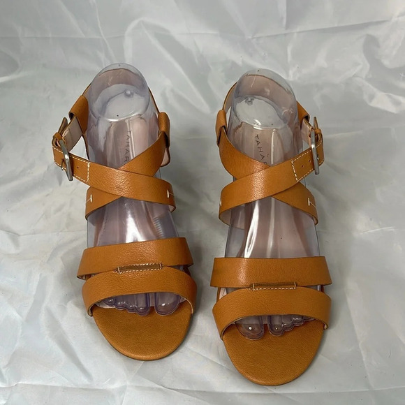 TAHARI Valen Wedge Crisscross Sandals Camel Brown Genuine Leather Open Toe 9 - Picture 2 of 9